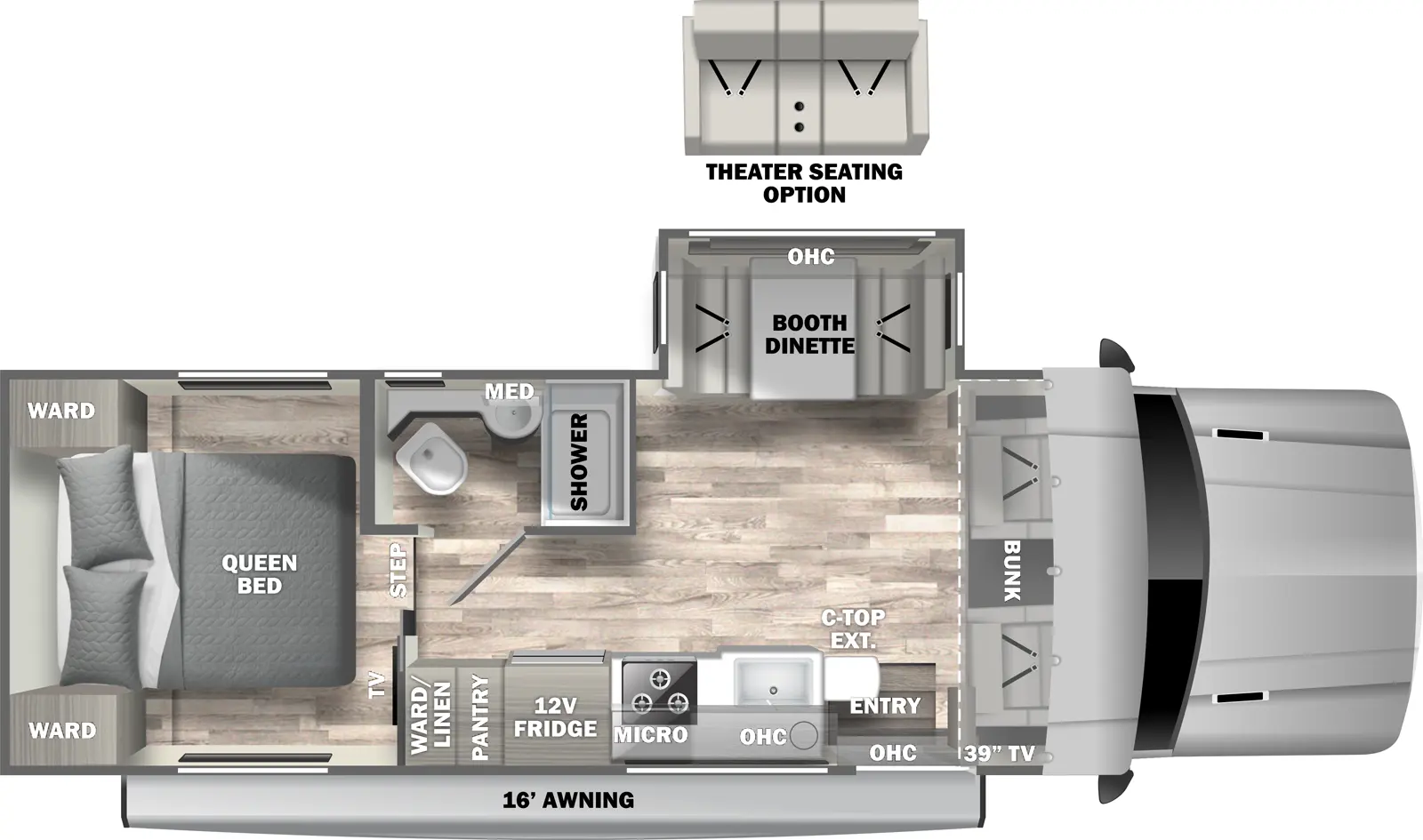 The 28SS has one slideout and one entry. Exterior features a 16 foot awning. Interior layout front to back: cockpit with cabover bunk, and tv on door side; off-door side slideout with booth dinette and overhead cabinets (optional theater seating); door side entry, overhead cabinet, kitchen counter with extension, sink, microwave, cooktop, 12V refrigerator, pantry, and wardrobe/linen closet; off-door side full bathroom with medicine cabinet; step up to rear bedroom with foot-facing queen bed, with wardrobes on each side, and TV at foot of bed.